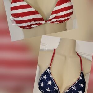 Patriotic Red and Blue Striped and Star  Reversible Bikini Top Size M/L